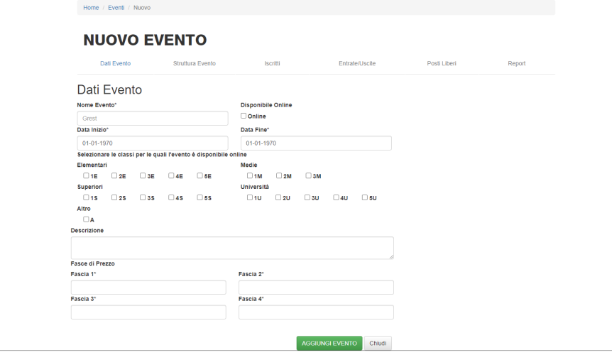 screen nuovo evento